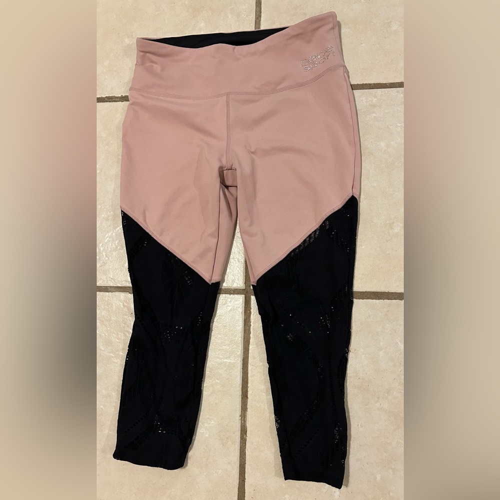 BEBE SPORT Dusty Pink Leggings w Sheer Lace & Bling Logo Size M
